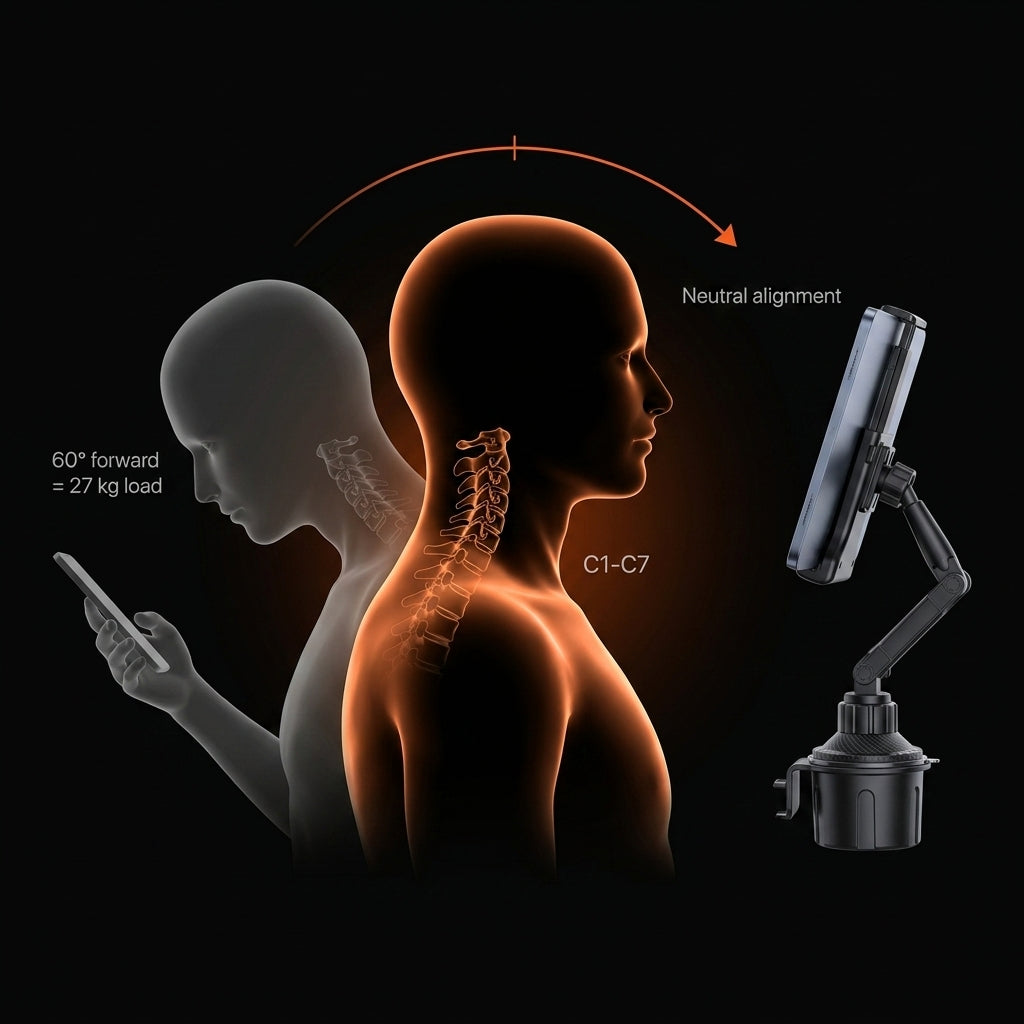Diagram contrasting forward neck strain with neutral alignment using the mount