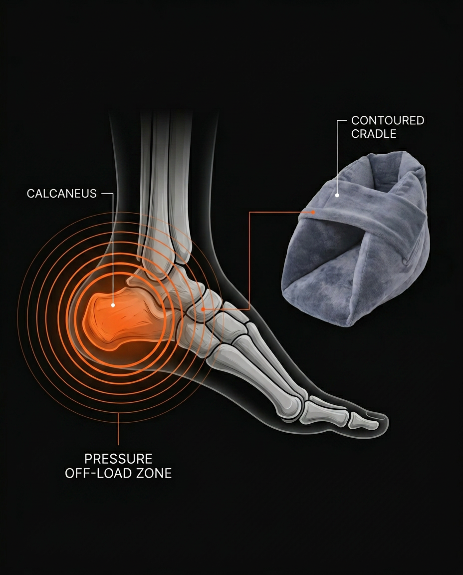Diagram of the foot showing the heel pressure off-load zone with the cushion