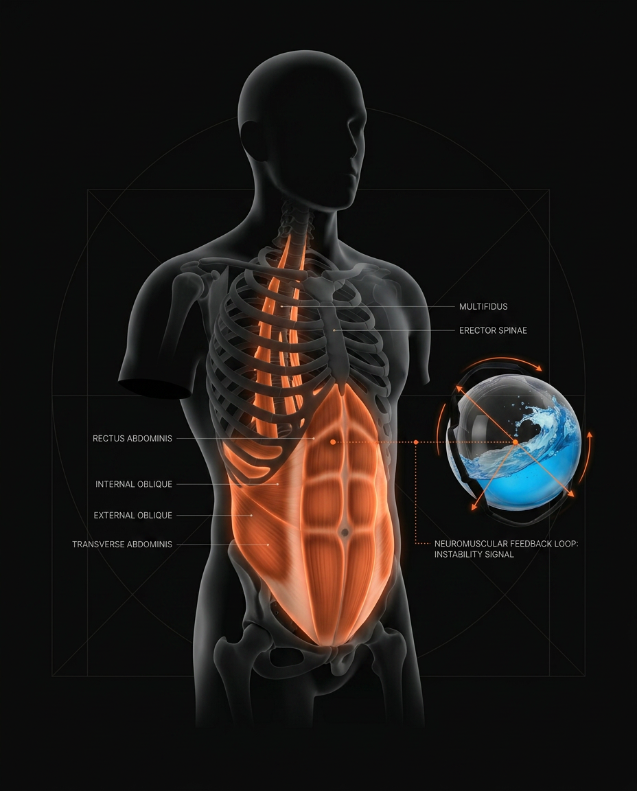 Anatomy diagram of core muscles engaged by the water stability ball