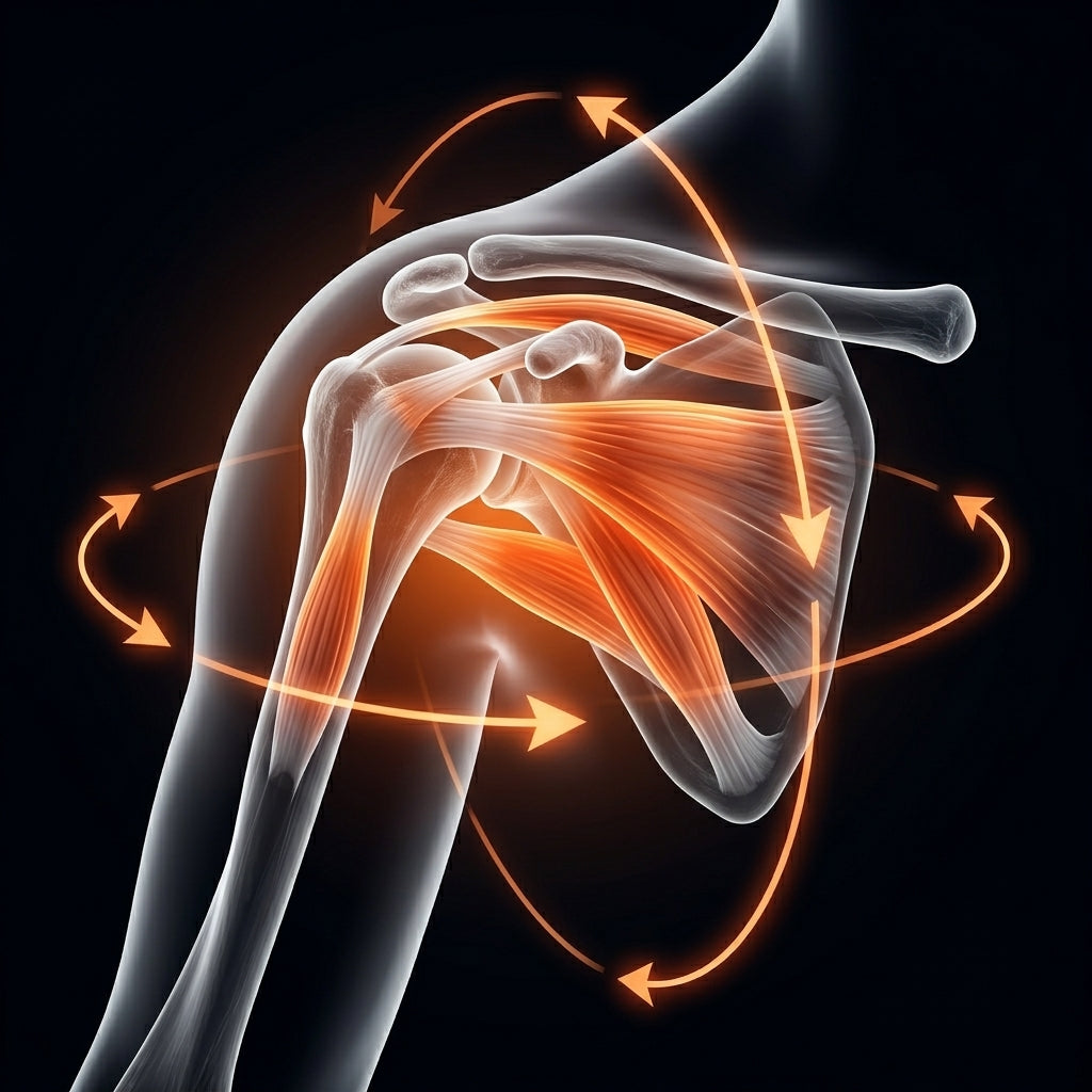 Anatomy diagram of the shoulder rotator cuff with circular rotation arrows