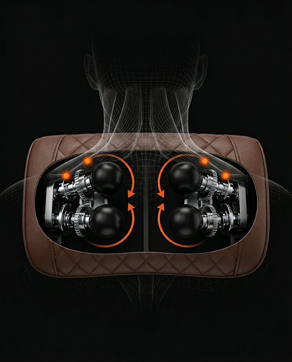 Cutaway diagram showing the internal rotating motors of the shiatsu massage cushion
