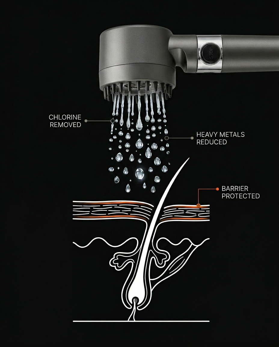 Diagram of filtered water removing chlorine to protect the skin barrier