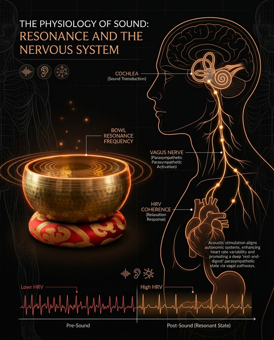 Sound science graphic linking singing bowl resonance to the sense of calm