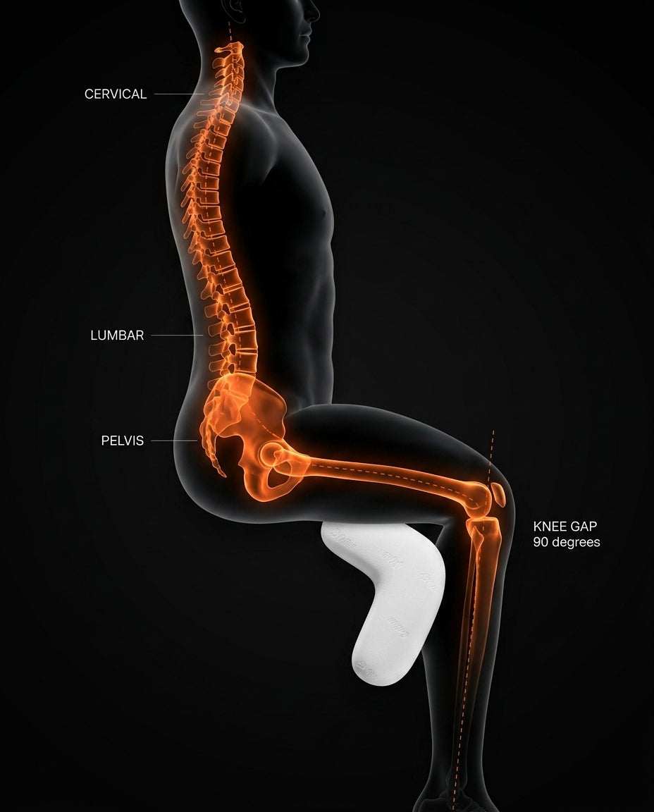 Spinal alignment diagram with V-shaped pillow keeping a 90-degree knee gap