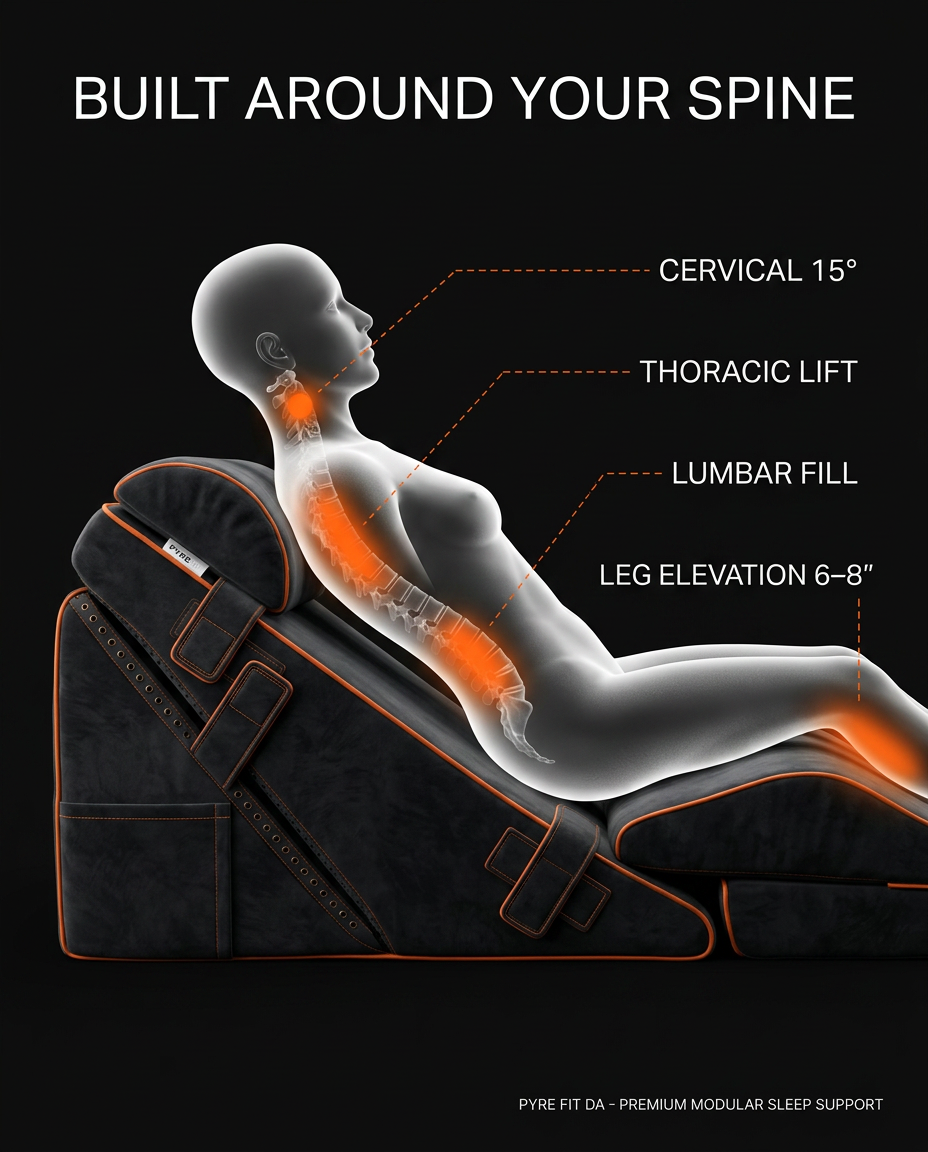 wellness diagram of reclined body on wedge showing cervical, lumbar and leg elevation angles