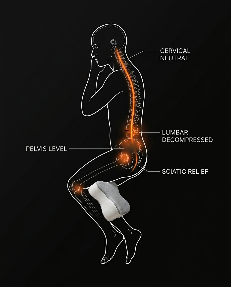 Side sleeper diagram showing knee pillow spine, pelvis and sciatic relief