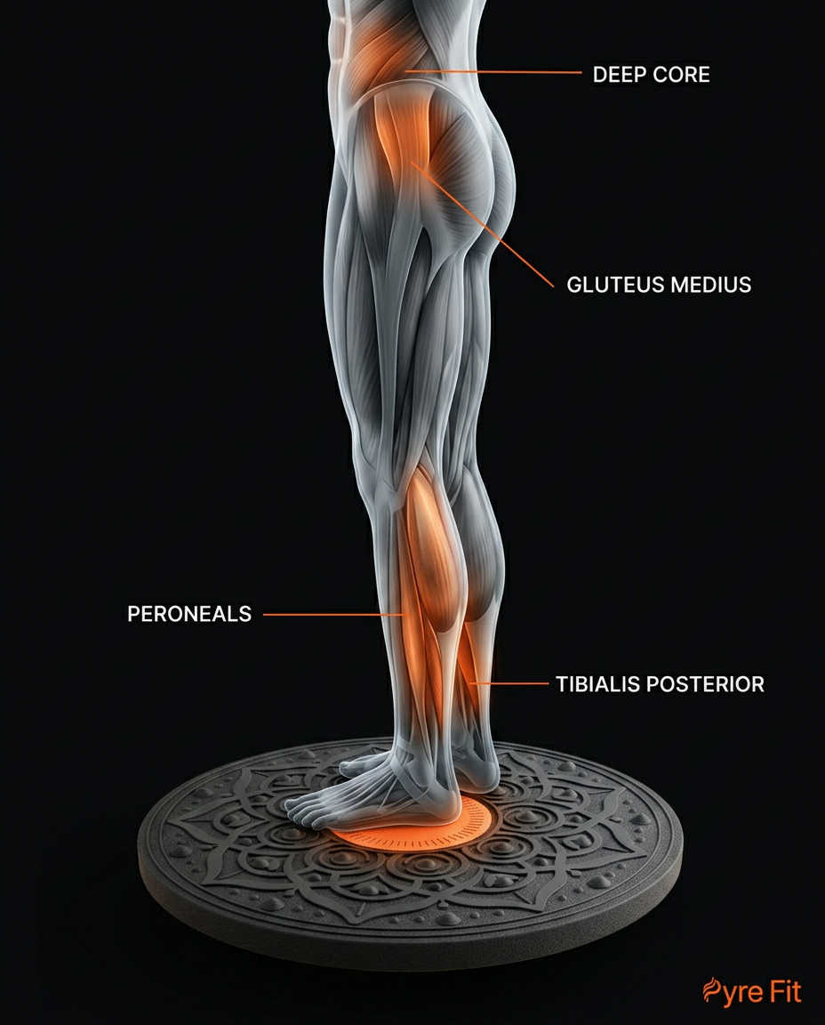 Anatomy diagram of leg and core muscles activated on the balance board