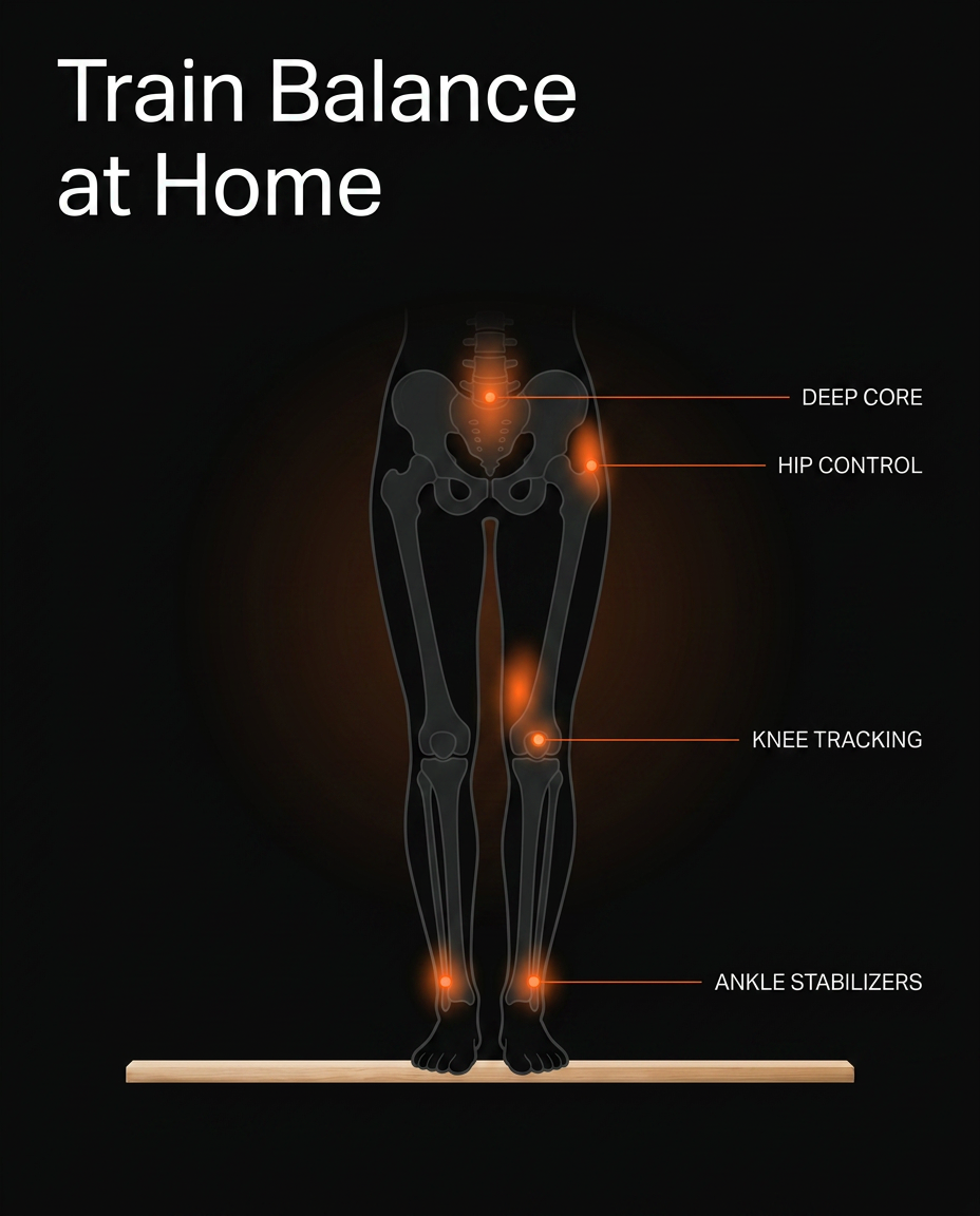Anatomy diagram of core, hip, knee and ankle muscles engaged on the balance bar