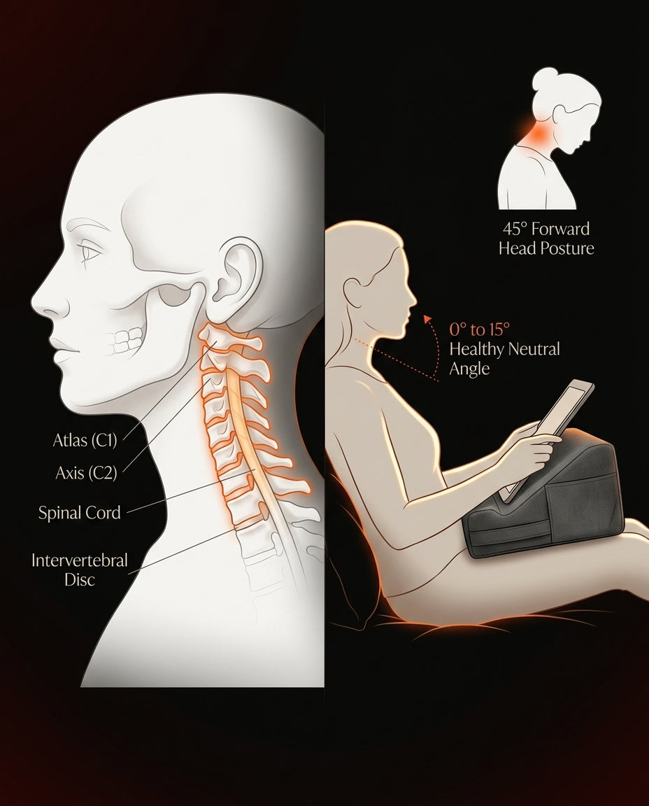 Tech neck diagram showing the lap pillow keeping a neutral neck angle
