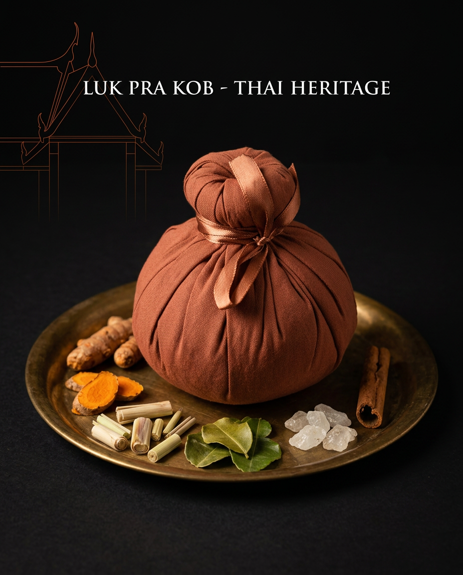 Thai heritage display of the herbal compress on a brass tray with herbs