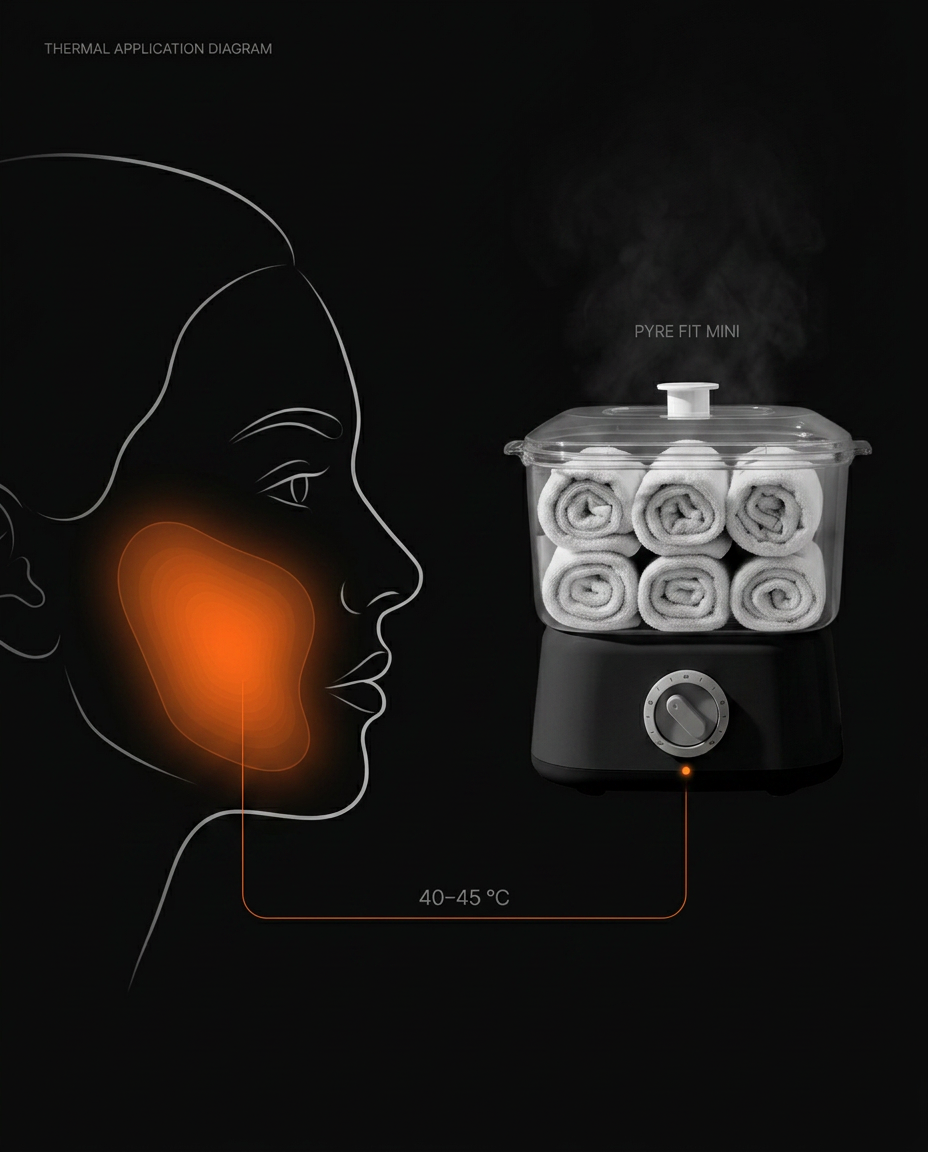 Diagram of warm towel heat on a face profile beside the steaming warmer
