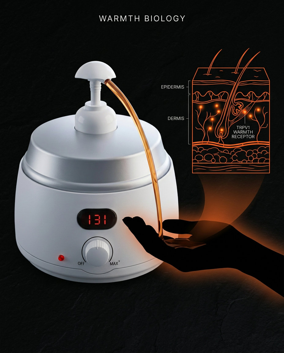 Diagram showing warmed oil activating skin thermoreceptors on the hand