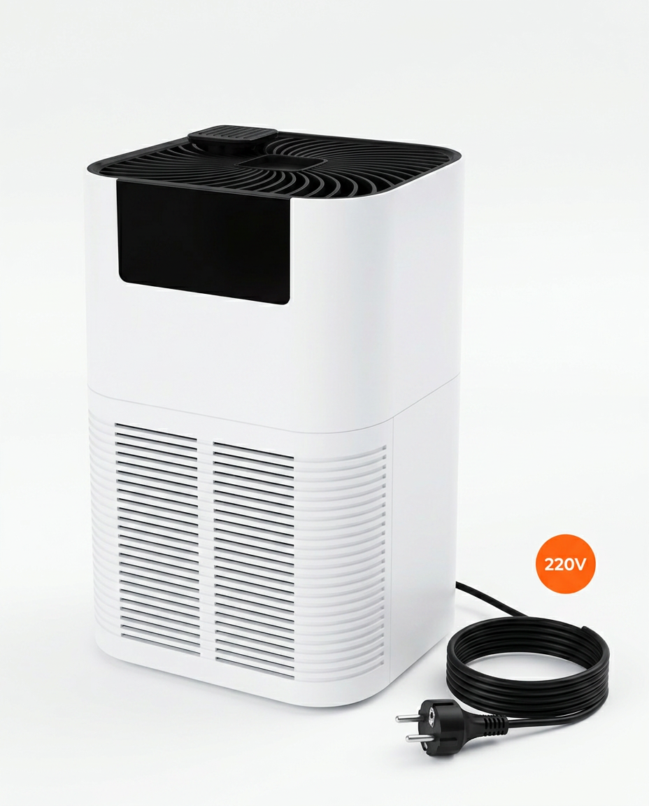 White air purifier with EU plug cord and 220V badge