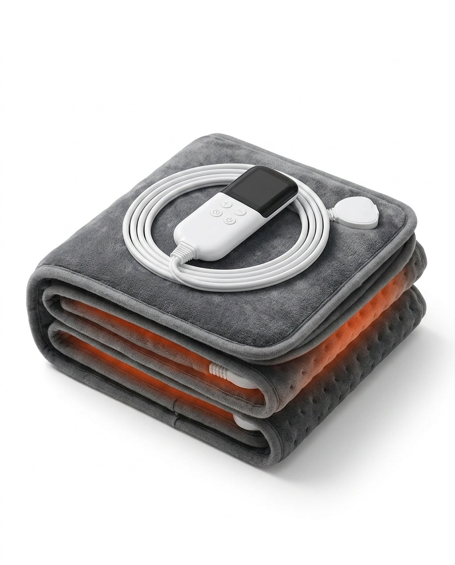 Electric heating pad folded for storage with cord coiled on top