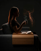 Woman sipping tea on a sofa with a spine alignment overlay, dark mood