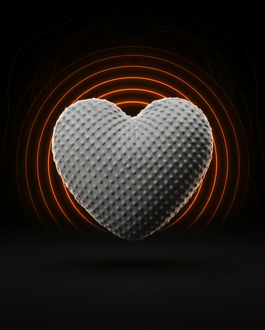 Deep-pressure science graphic with the heart cushion amid orange sound rings