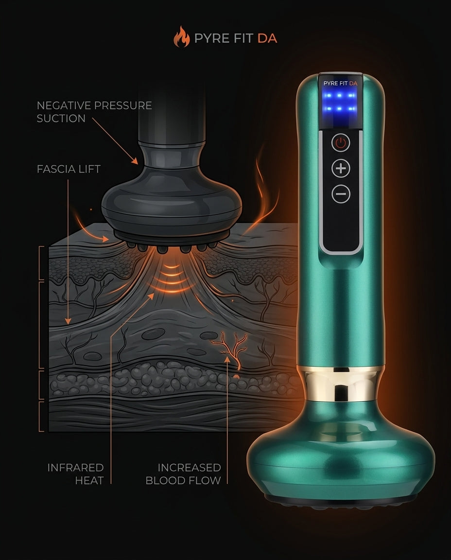 Diagram showing the cupping massager's suction lifting fascia and warmth
