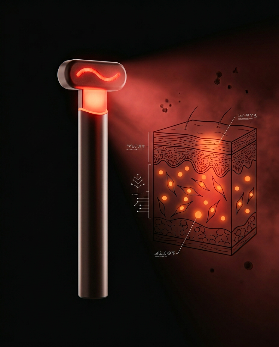 Diagram of red light red light warms the skin layers beside the wand