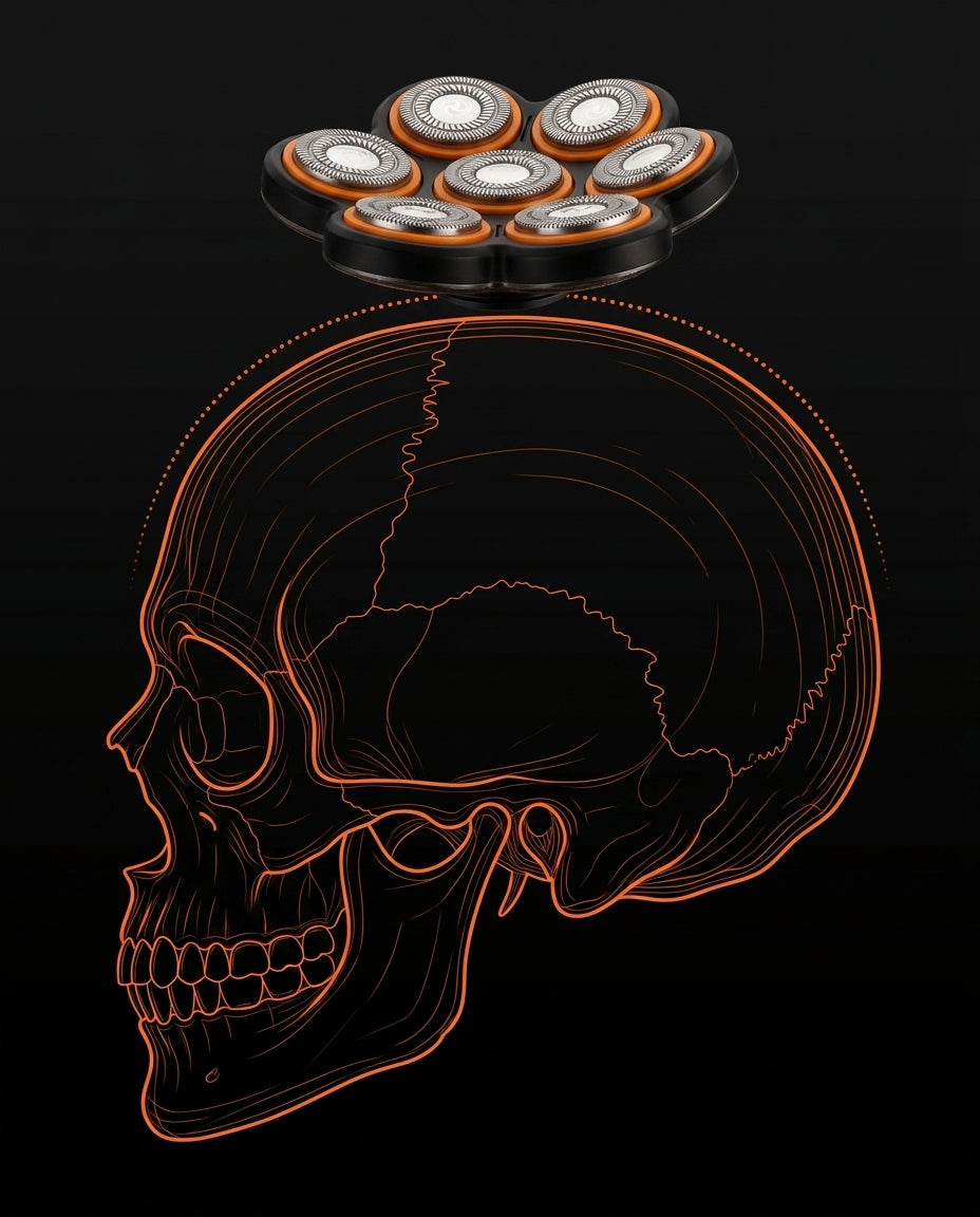 Diagram of the 7D shaver head following the curved skull contour for close shaving