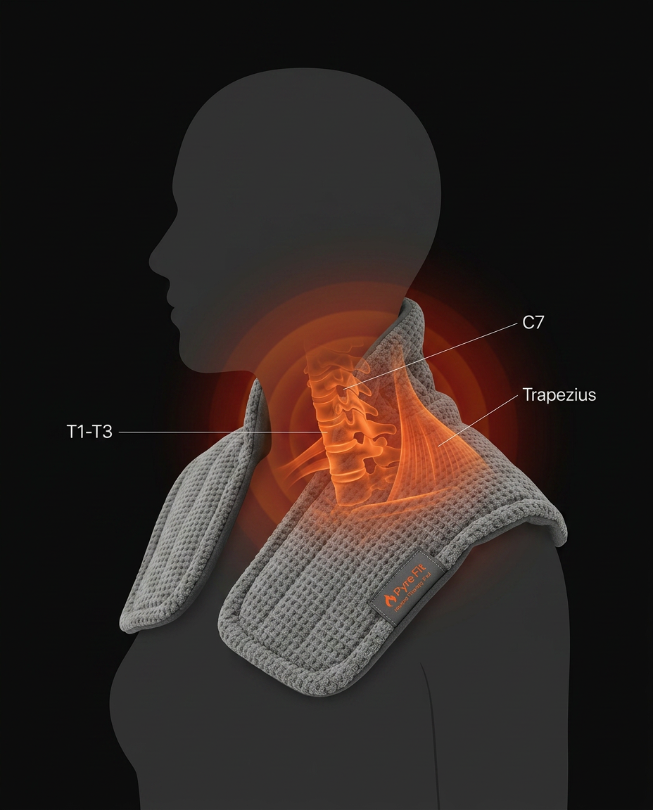 Anatomy diagram showing the wrap heating the C7, T1-T3 vertebrae and trapezius