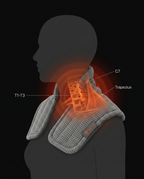 Anatomy diagram showing the wrap heating the C7, T1-T3 vertebrae and trapezius