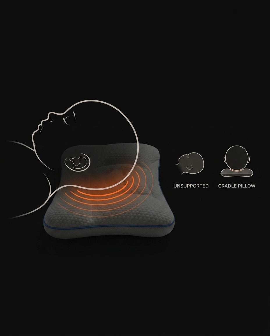 Diagram comparing unsupported infant head to the cradle baby pillow