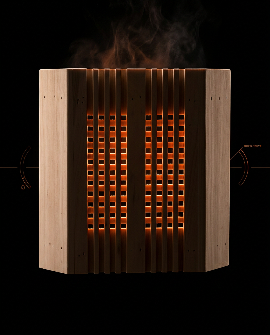 Sauna light cover glowing warm with rising steam on a black backdrop