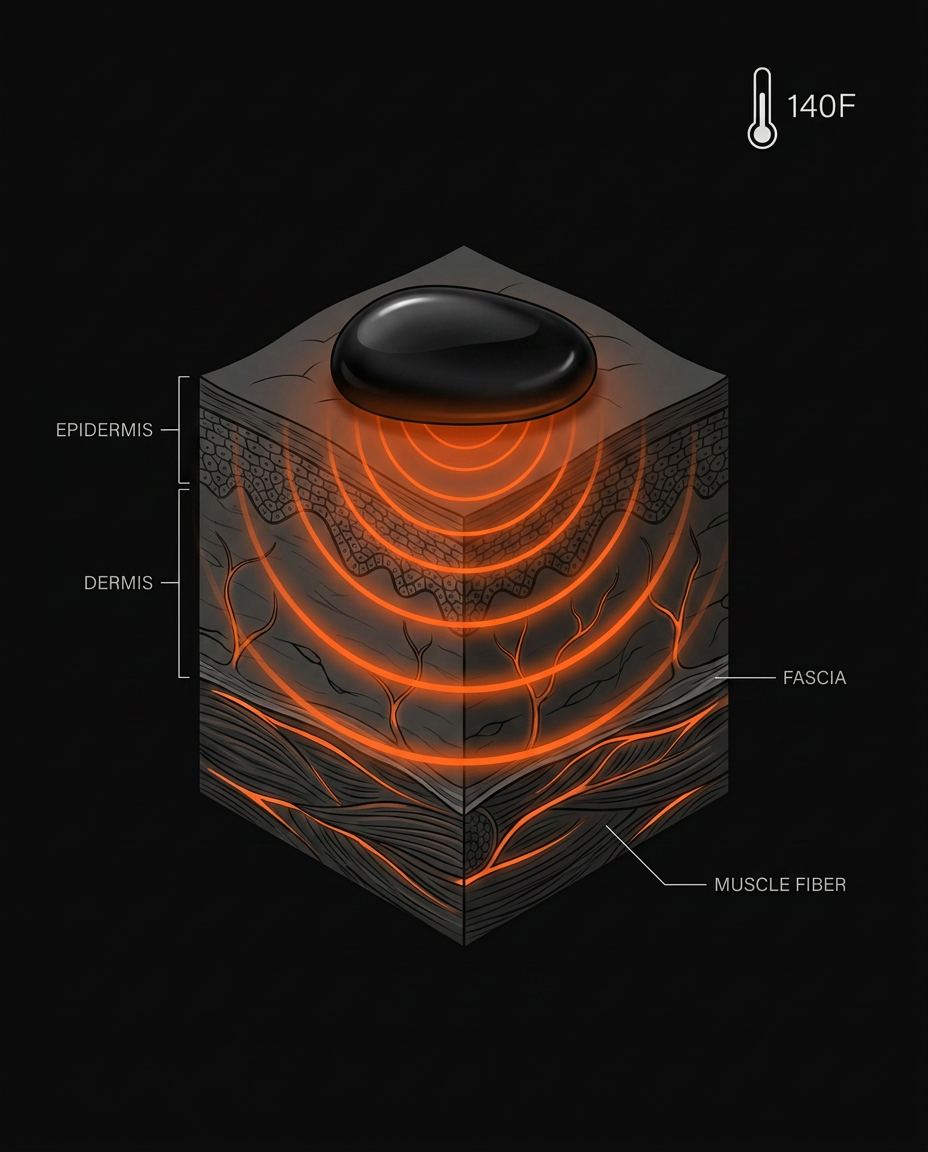 warmth diagram showing a warm stone warms the skin and muscle layers