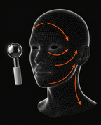 Wireframe face diagram with arrows mapping ice globe lifting massage routes