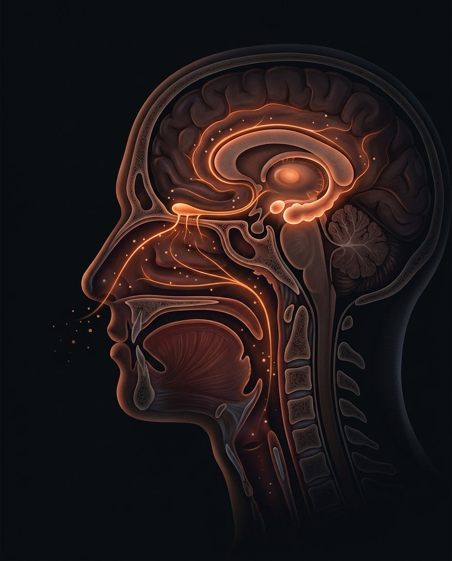 Diagram of scent traveling from the nose to the limbic brain