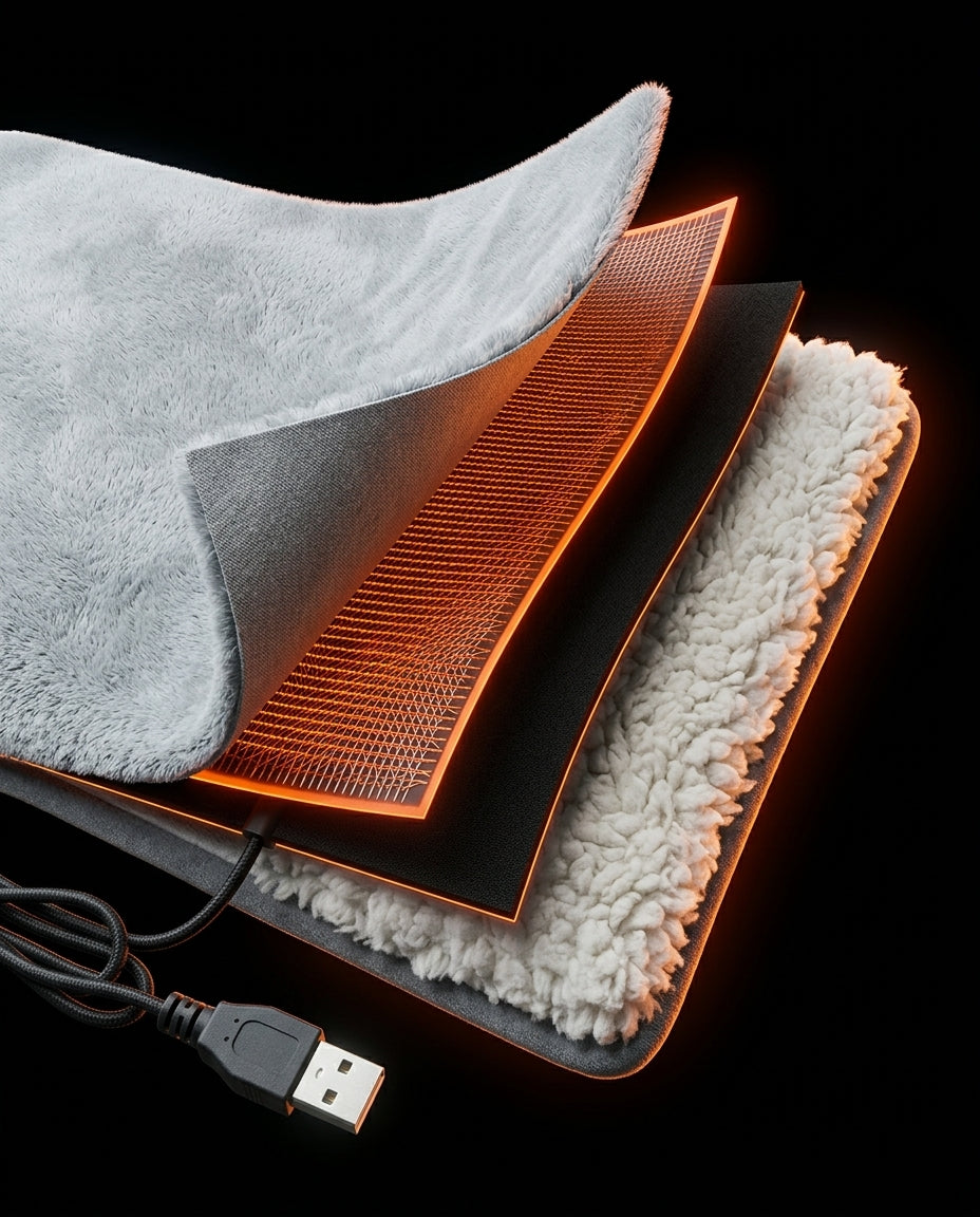 Exploded layers of the foot heating pad showing fleece, heat film and sherpa