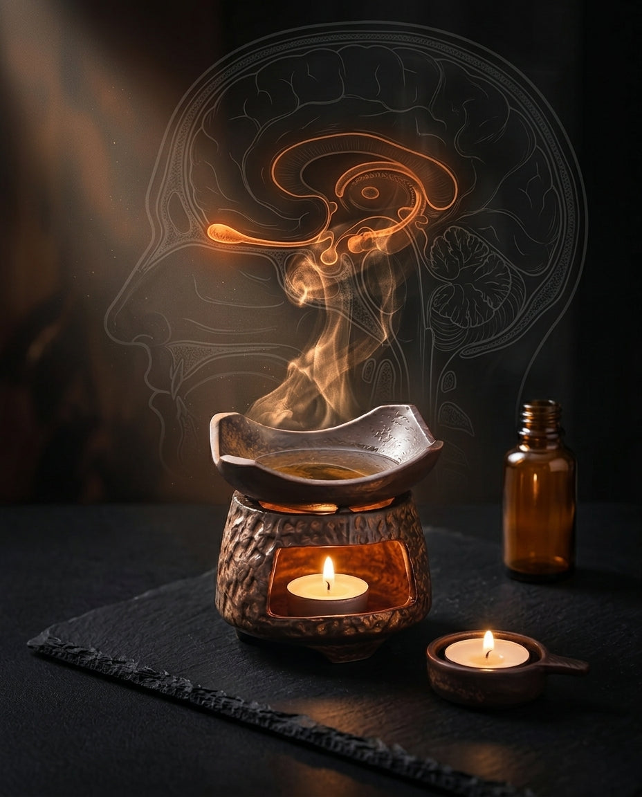 Lit ceramic burner with vapor rising into a glowing brain diagram