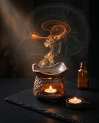 Lit ceramic burner with vapor rising into a glowing brain diagram