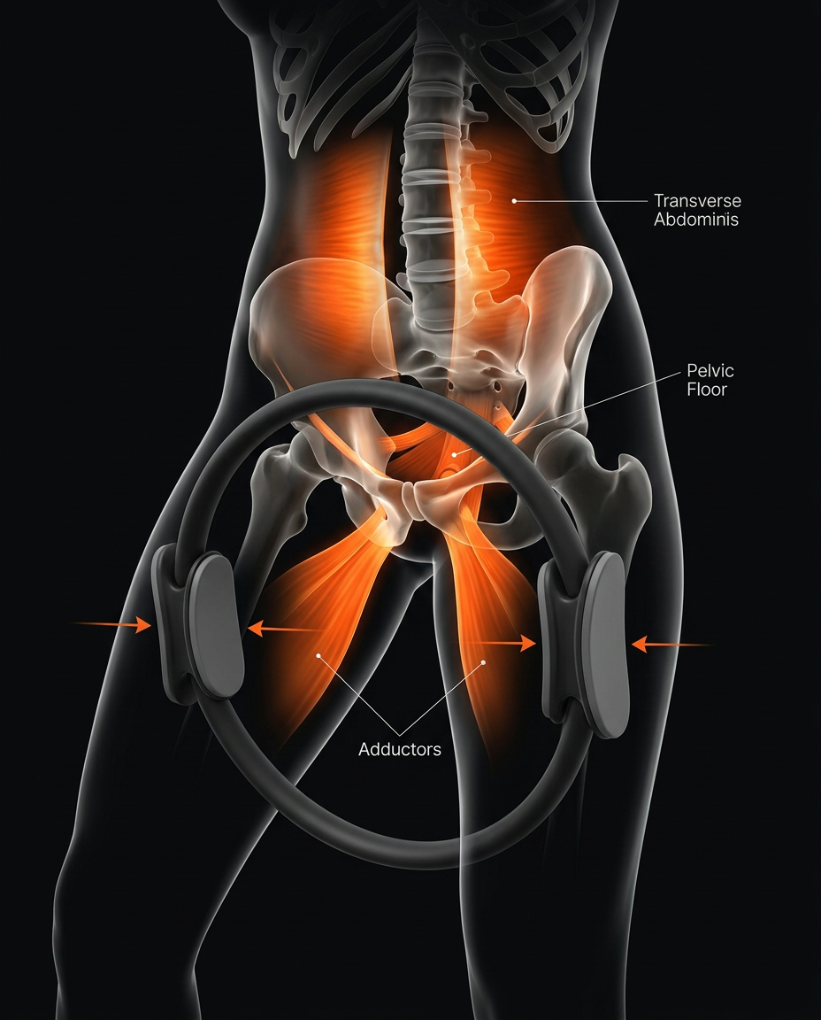 Anatomy diagram showing pelvic floor and adductor muscles worked by the ring