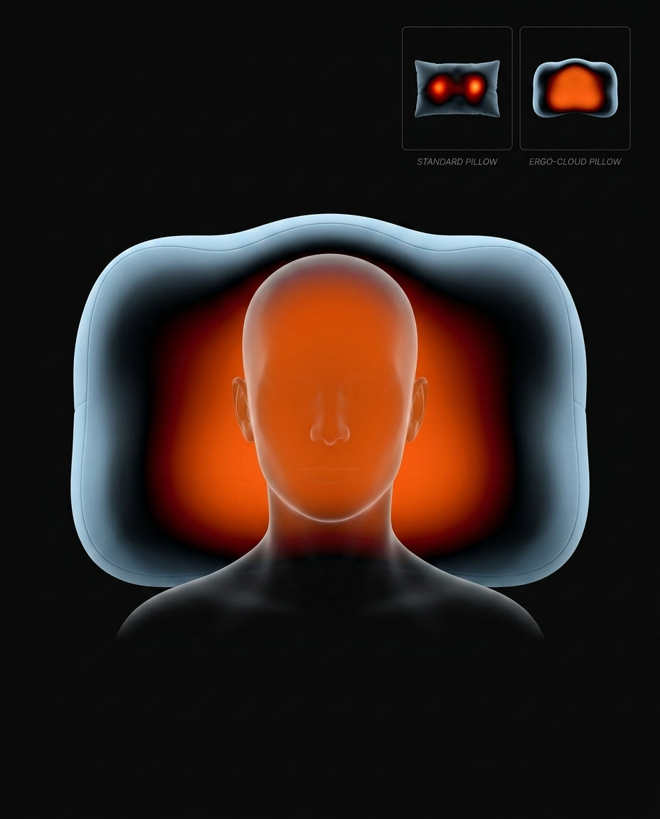 Pressure-map diagram comparing standard pillow versus contour pillow head support