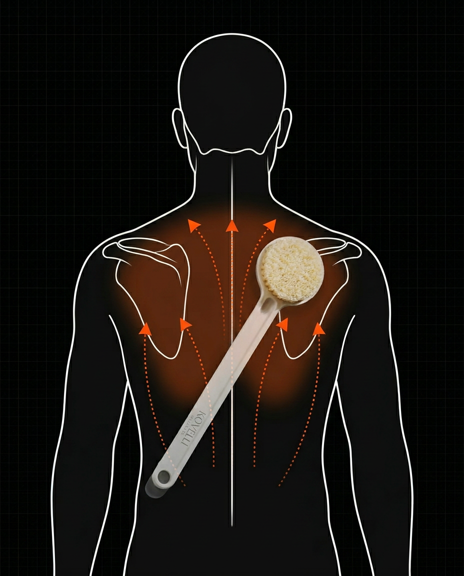 Diagram showing the long-handled body brush reaching the full back