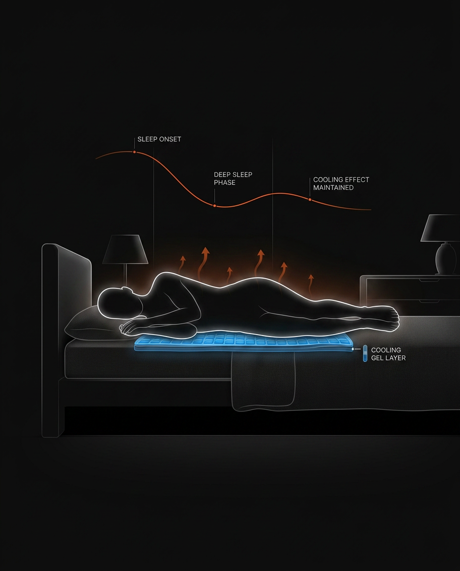 Diagram of a sleeper on the gel pad with a sleep-cycle thermal regulation graph