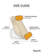 Size guide showing wedge pillow height 24 in, width 22 in, 45-75 degree angle