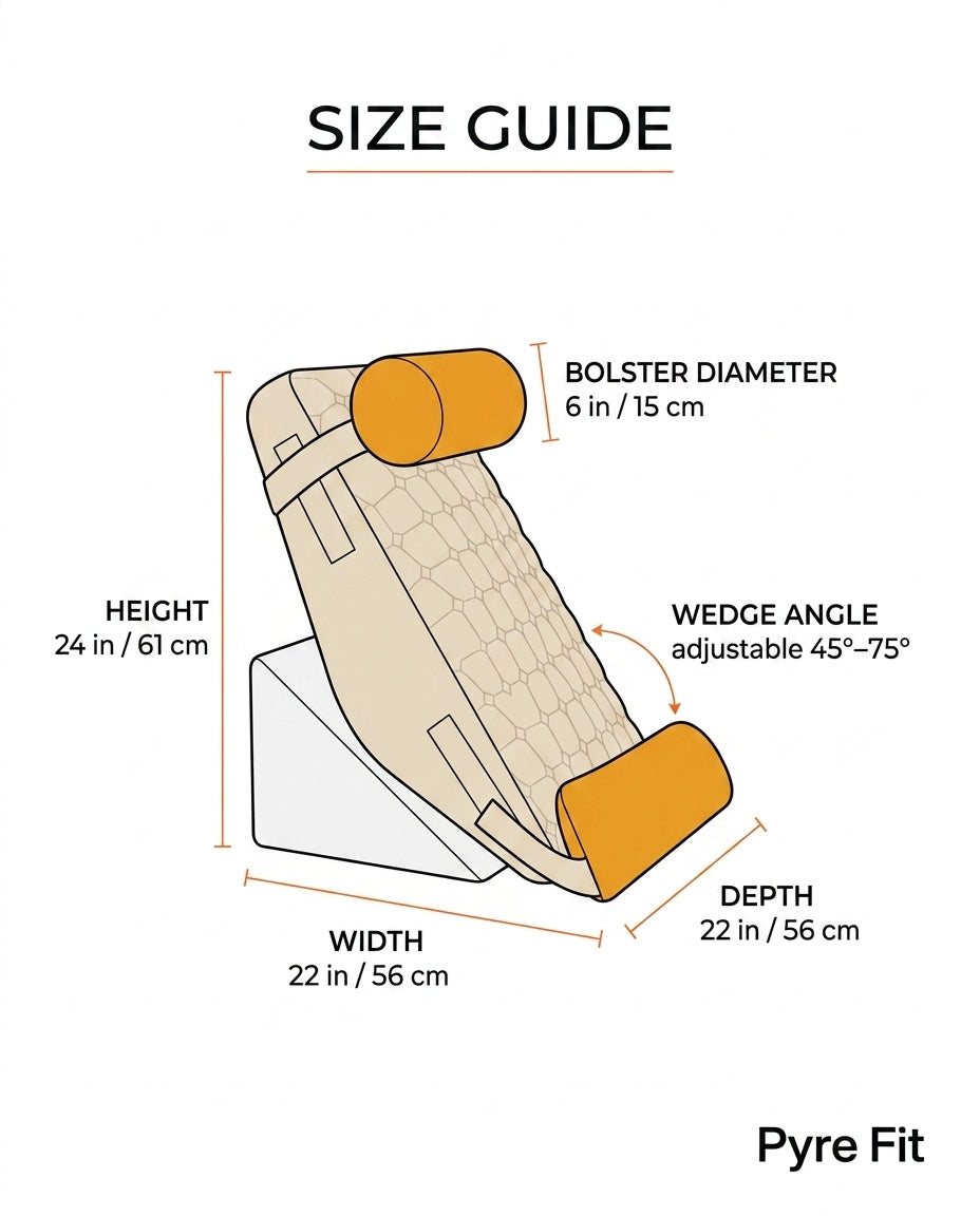 Size guide showing wedge pillow height 24 in, width 22 in, 45-75 degree angle