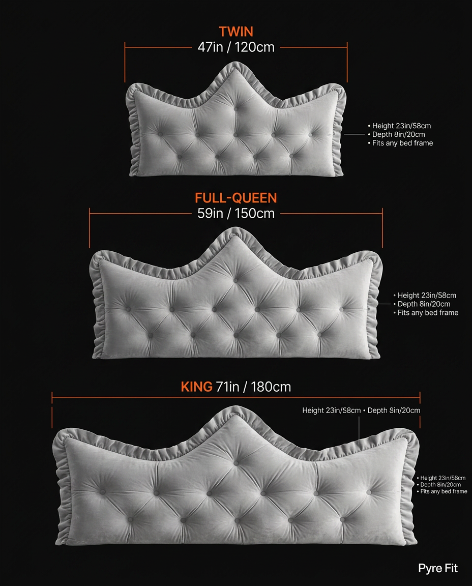 Size guide for the backrest cushion in Twin, Full-Queen and King widths