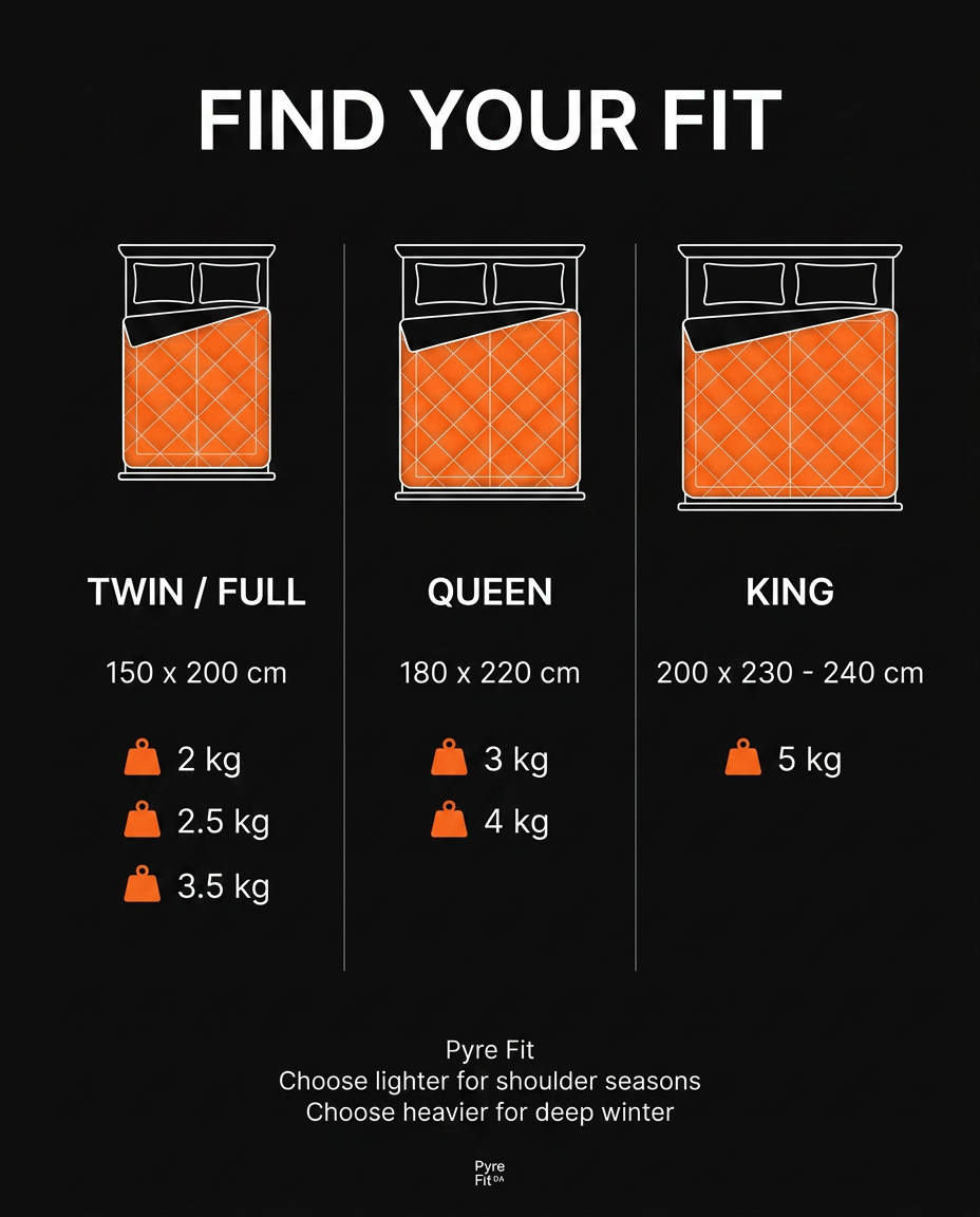 Size guide infographic with twin, queen and king dimensions for the comforter