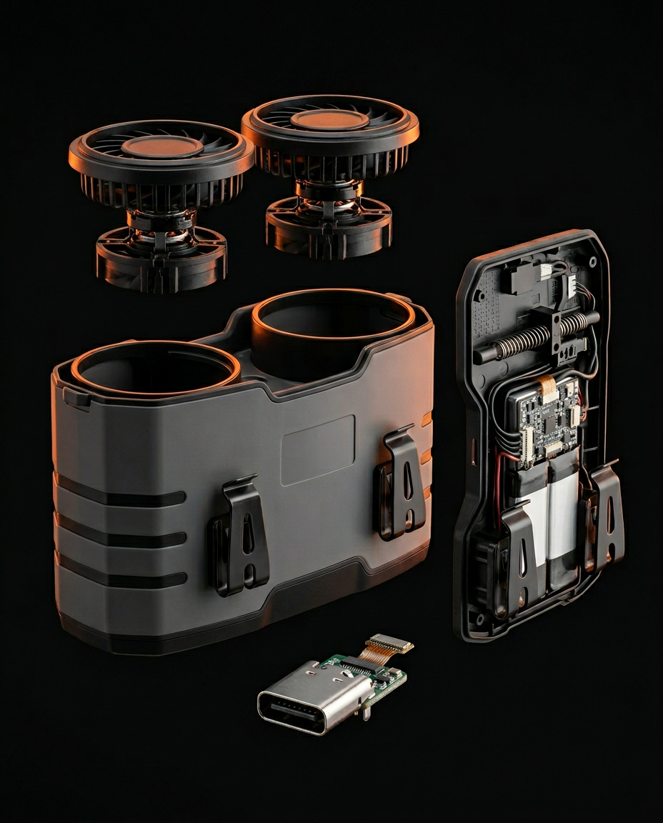 Exploded view of the cooling unit's fans, housing, battery and USB-C plug