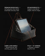 Tech specs infographic of the tablet stand pillow with labeled features