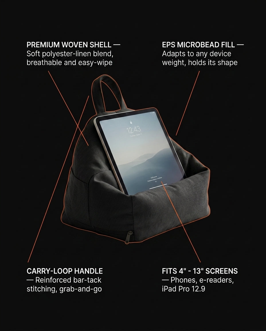 Tech specs infographic of the tablet stand pillow with labeled features