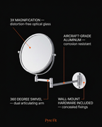 Tech specs infographic: 3X magnification, aircraft-grade aluminum, 360-degree swivel
