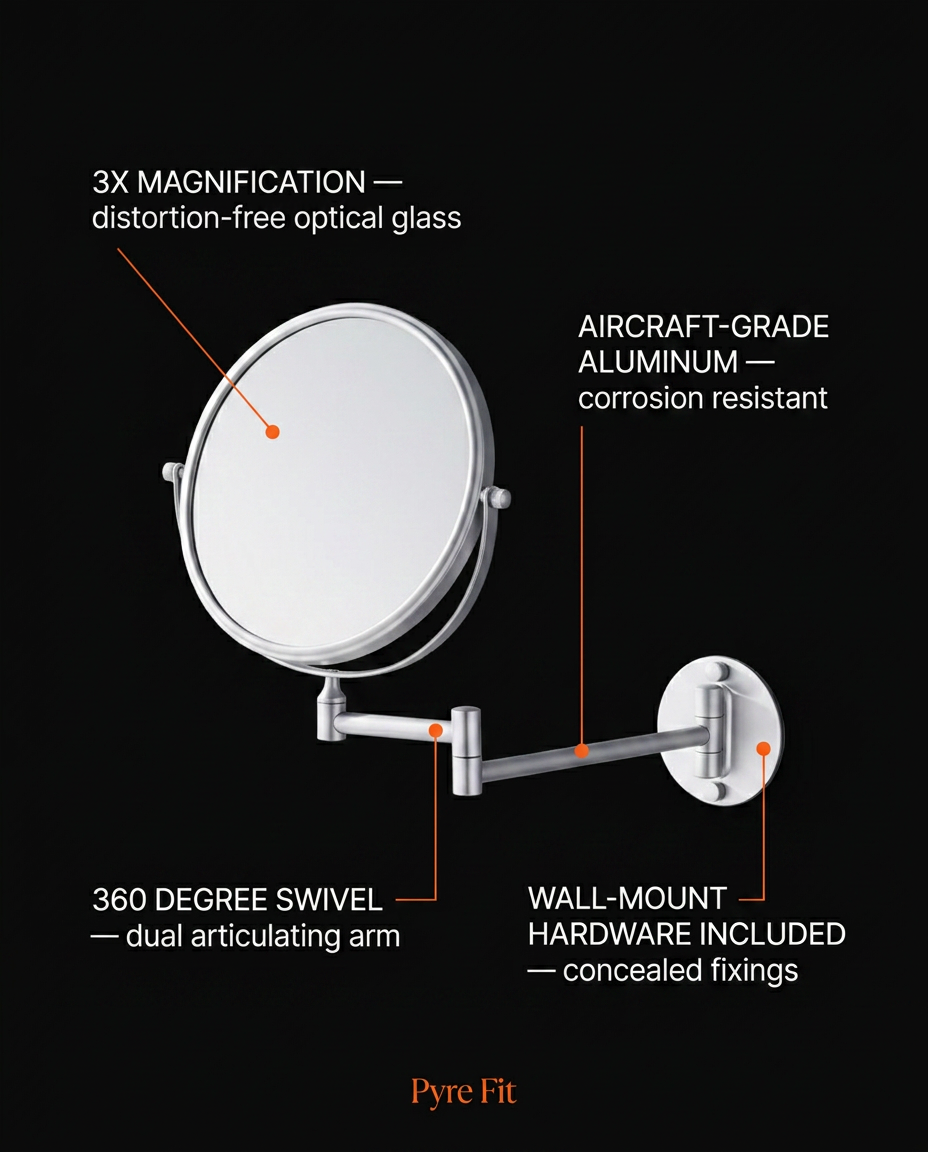 Tech specs infographic: 3X magnification, aircraft-grade aluminum, 360-degree swivel