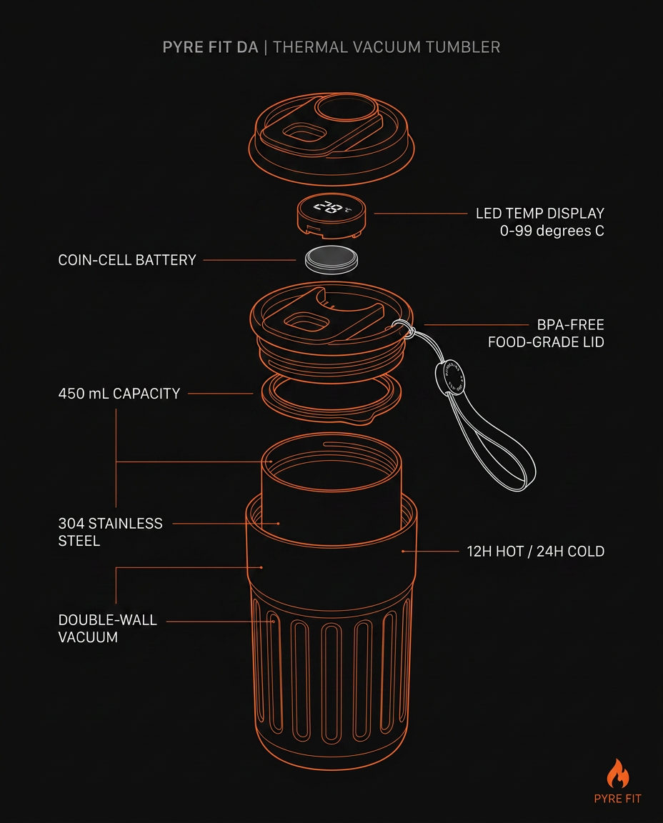 Cutaway spec graphic of the double-wall vacuum mug with LED temp display
