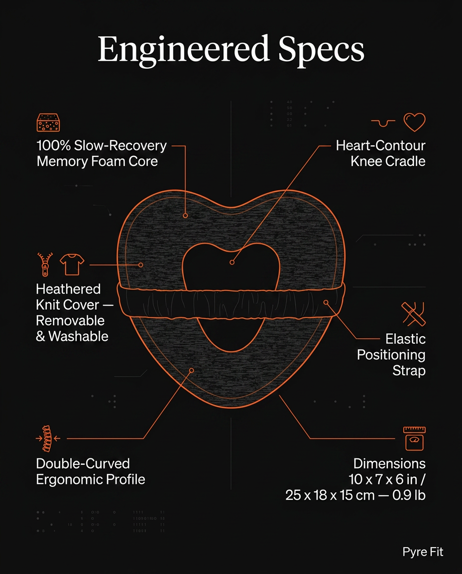 Engineered specs infographic with leg pillow dimensions and foam core