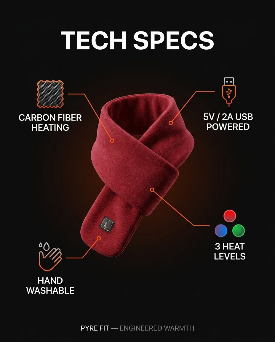 Tech specs for the heated scarf: carbon fiber heat, USB power, three levels