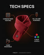 Tech specs for the heated scarf: carbon fiber heat, USB power, three levels